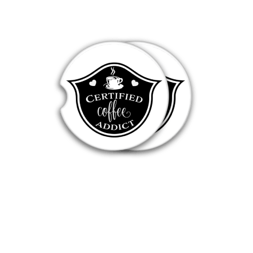 Two pieces of Certified coffe addict Sandstone Car Coaster, Image on coaster, Personalized Coaster, Car Coaster, Gift for him, Give Away, Car Accessories