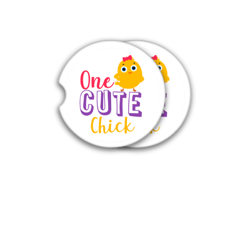 Two pieces of One Cute Chick Car Coaster, Image on coaster, Personalized Coaster, Car Coaster, Gift for him, Give Away, Car Accessories