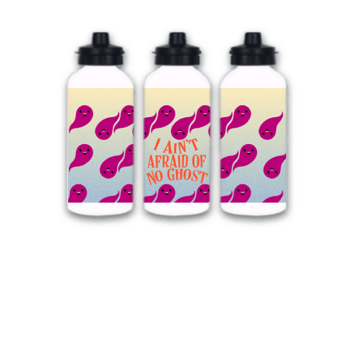 I ain't afraid of no ghost 20oz Dual-Lid Aluminum Water Bottle for Halloween, Cute purple flying ghost on yellow and blue water bottle I ain't afraid of no ghost 20oz Dual-Lid Aluminum Water Bottle for Halloween, Cute purple flying ghost on yellow and blue water bottle