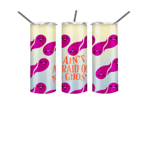 I ain't afraid of no ghost 20 oz Skinny Tumbler for Halloween, Cute purple flying ghost on yellow and blue tumbler