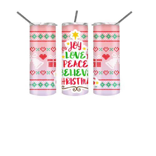 Love Joy Peace Believe Christmas 20 oz Pink Skinny Tumbler for Christmas, Ugly sweater print with jingle bells on tumbler