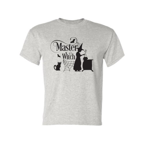 Master Witch Ash Color T-shirt For Adult, Bat Cat Witch Hat on Shirt, Halloween Shirt Master Witch Ash Color T-shirt For Adult, Bat Cat Witch Hat on Shirt, Halloween Shirt
