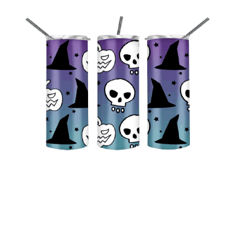 Skull, Scary Pumpkin, Witch Hat 20pz Skinny Tumbler for Halloween, Purple Tumbler, Cute Halloween Tumbler