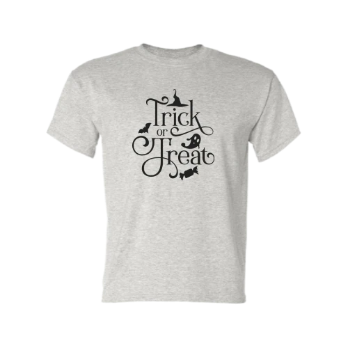 Trick or Treat Ash Color T-shirt For Adult, Bat Ghost Witch Hat on Shirt, Halloween Shirt Trick or Treat Ash Color T-shirt For Adult, Bat Ghost Witch Hat on Shirt, Halloween Shirt