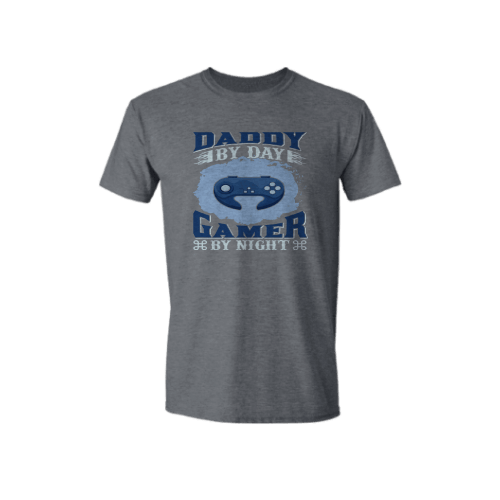 Daddy by day gamer by night Dark Heather T-shirt for Adults, Shirt for Gamers, Shirt for Dad